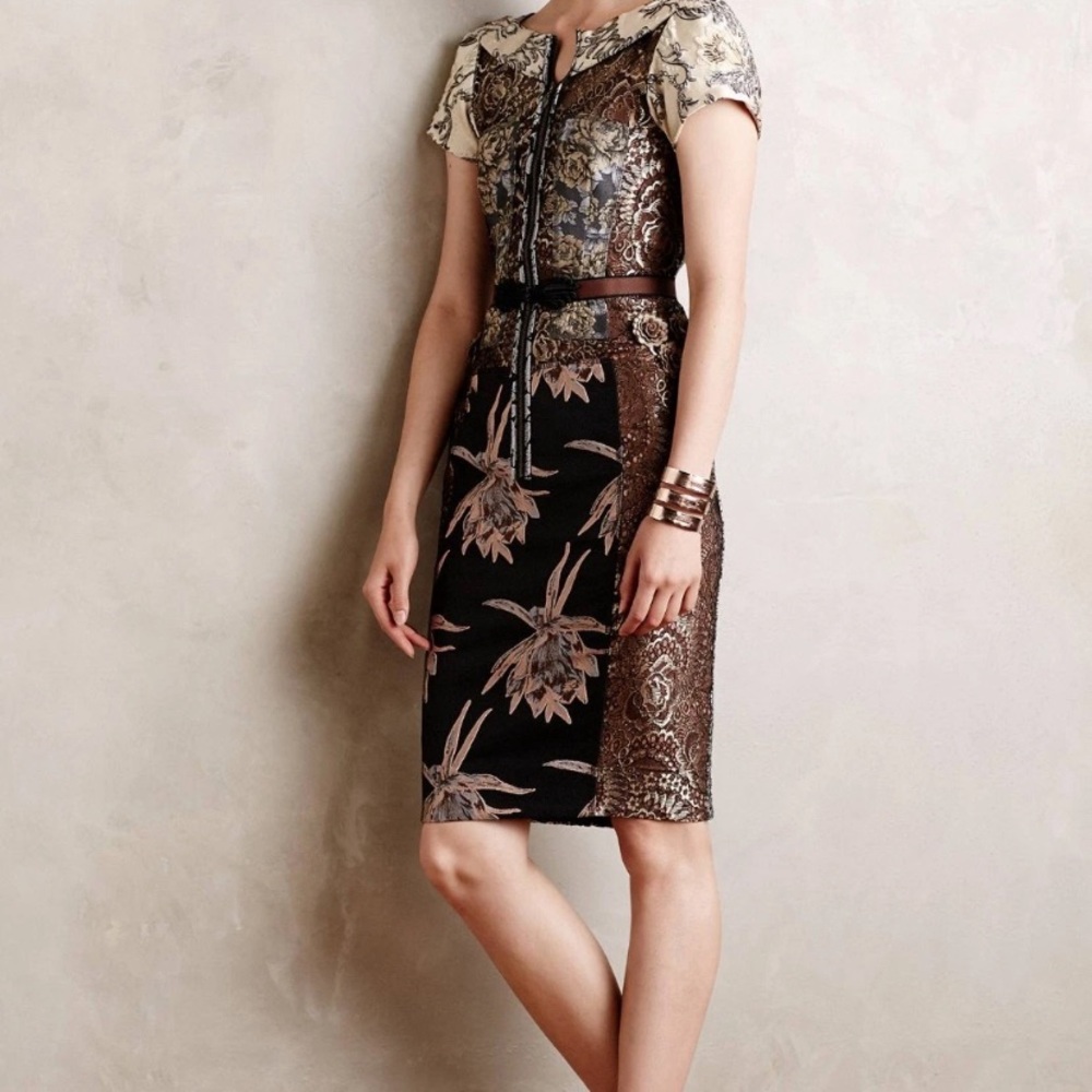 Byron Lars Elegant Black and Cream Patterned Midi Dress